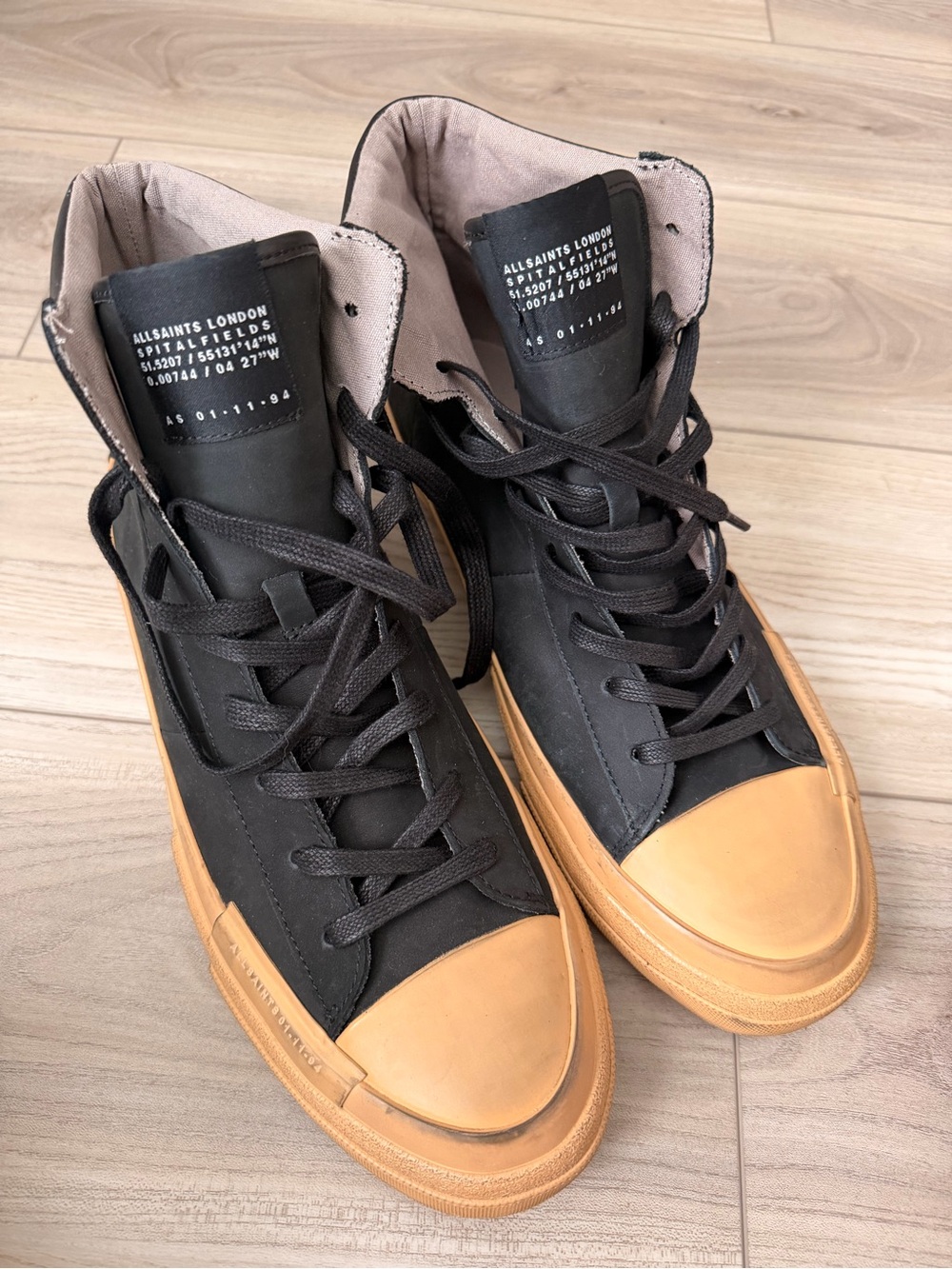 All Saints Men’s Black High-Top Sneakers with Tan Toe and Sole